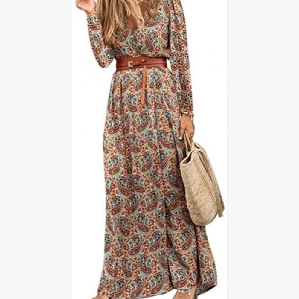 Boho Tan Blue Paisley Long Sleeve Dress